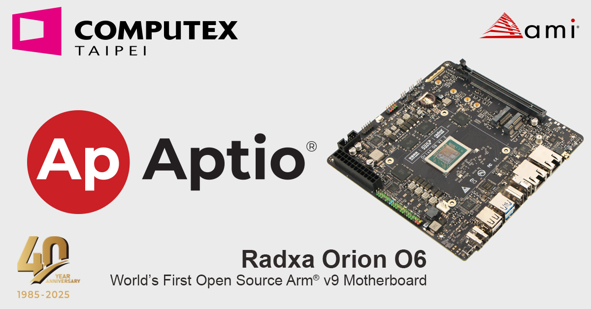 Radxa Orion O6 Mini iTX Motherboard with Aptio V logo