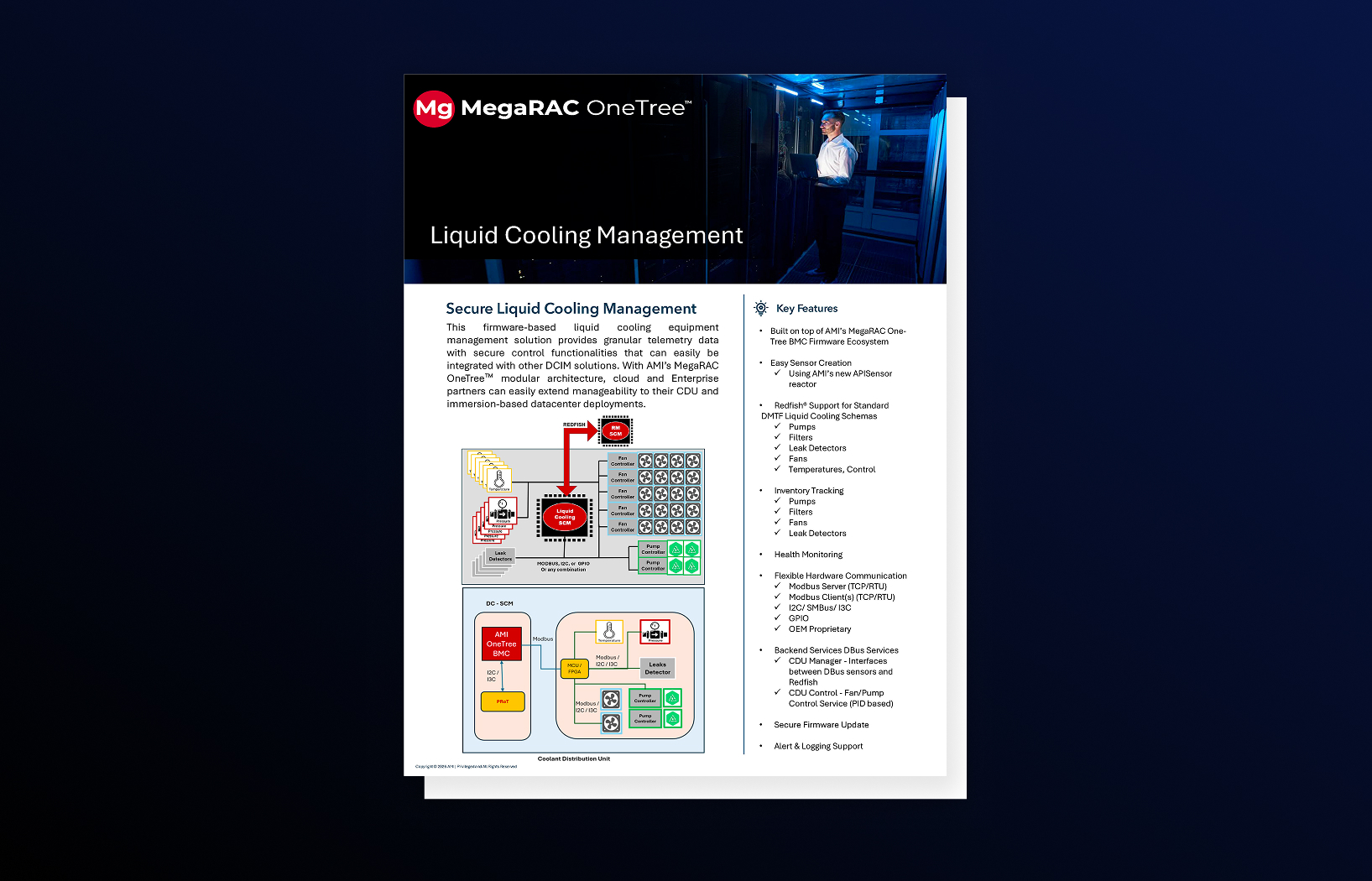 first page of MegaRAC OneTree Liquid Cooling Management Data Sheet